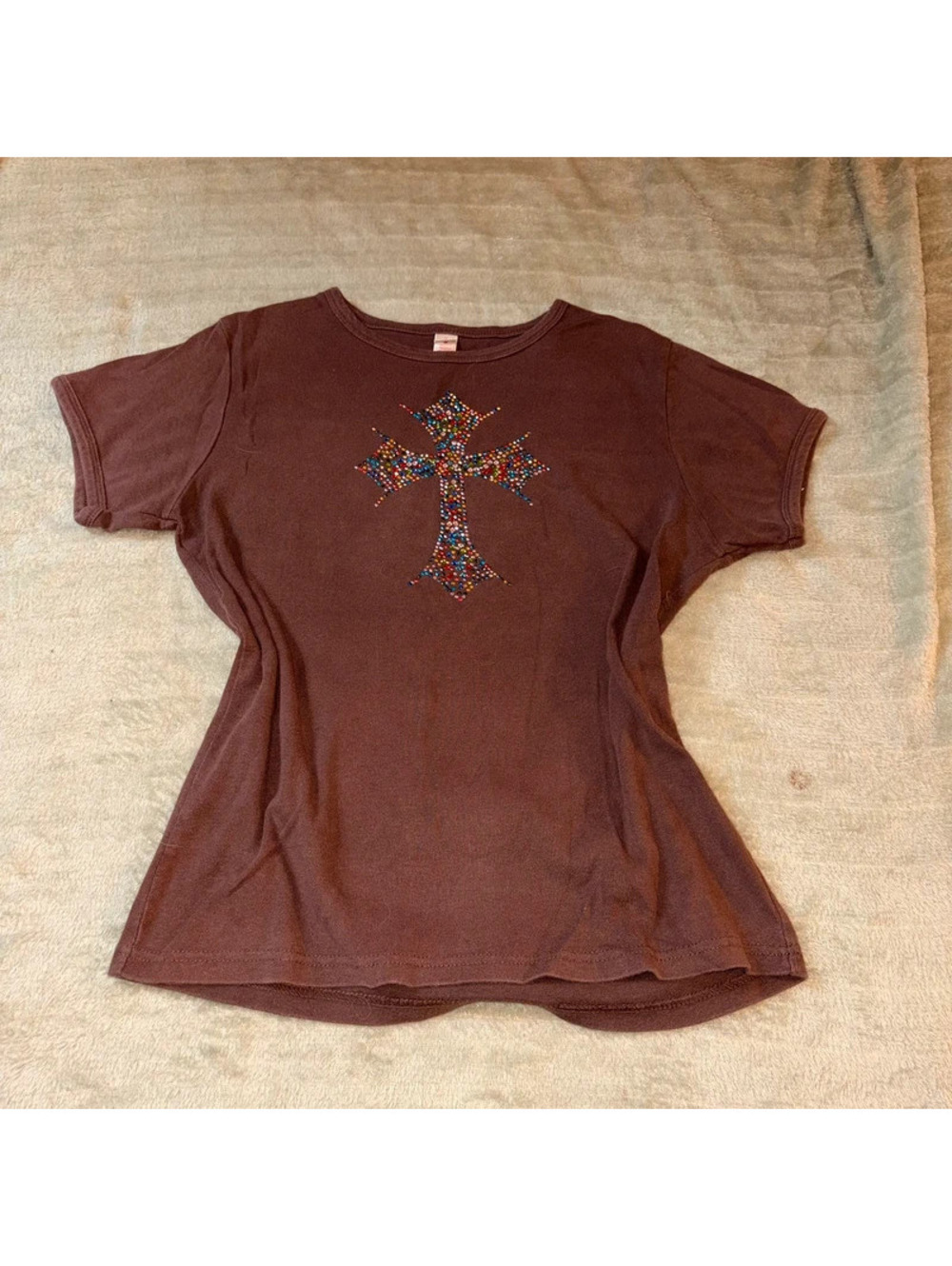 Brown Y2K multicolored bedazzled Cross Mc bling top